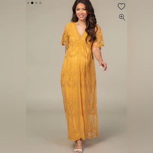 PinkBlush Mustard/Gold/Yellow Lace Boho Mesh Overlay Maternity Maxi Dress Small